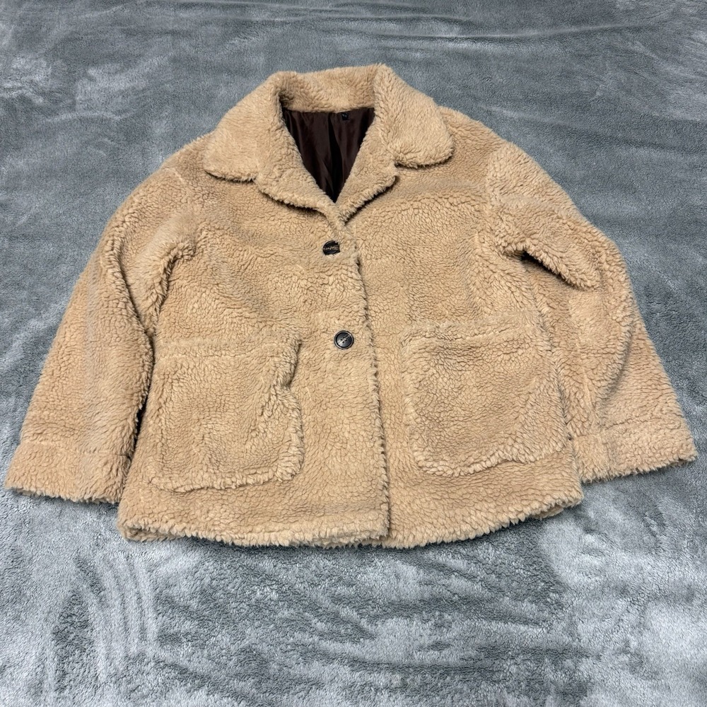 Camel Sherpa Teddy Coat Womens XS Faux Shearling 2 Button Pockets Brown